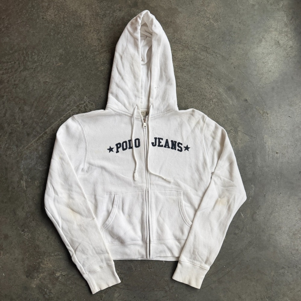 Vintage Polo Jeans Co Ralph Lauren Hoodie Womens M White Full Zip Sweatshirt Y2K